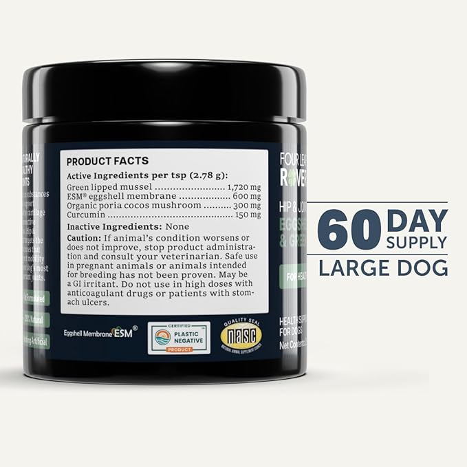 Four Leaf Rover Hip & Joint - Mobility & Joint Support with Glucosamine and Chondroitin for Dogs, 2.9 oz - 22 to 60 Day Supply, Depending on Dog’s Weight - Vet Formulated - Easy to Mix - Delicious