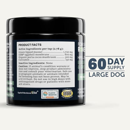 Hip & Joint - Joint Supplement for Dogs with Green Lipped Mussel, Eggshell Membrane and Curcumin - Veterinarian Formulated - 60 Day Large Dog Supply