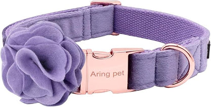ARING PET Velvet Dog Collars, Purple Soft Pet Collar with Detachable Felt Flower Metal Buckle for Puppy Small Medium Large Boy Girl Dogs-S