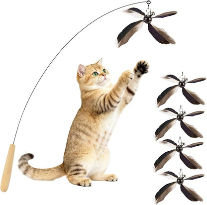 ottmat Cat Wand Toys Interactive for Indoor Cats, 4PC 4-Blade Feather Propeller Refills, 1PC Cat Wand 30'' Flexible Steel Wire Cat Teaser with Sturdy Wood Handle for Kittens & Adult Cats(Classic)