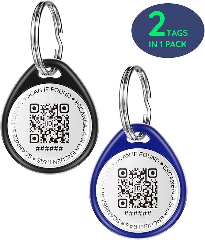 QR Code Dog Tag and Cat Tag, Scan to Reunite Faster, Waterproof and Durable, Lightweight and Quiet, Updatable Contact Info, Black and Blue, 2 Tags in 1 Pack