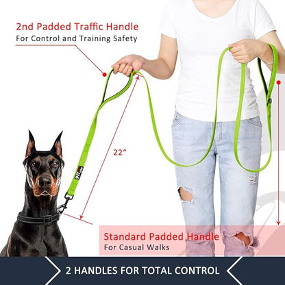 Plutus Pet Double Handle Dog Leash 6ft Long, Padded 2 Handle, Heavy Duty, Reflective Training Leash for Medium Large Dogs, Dual Handle Lead (Green)