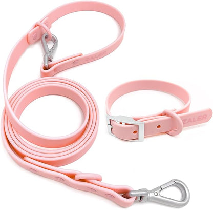 ZALER Dog Collar and Leash Set, Waterproof Adjustable Odor Proof Pet Collars Leashes Easy to Clean, 6FT Dog Leash with 2 Hooks for Large, Medium Small Dogs (M, Pink)