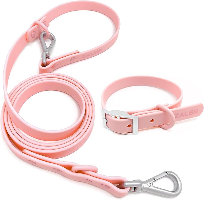 ZALER Dog Collar and Leash Set, Waterproof Adjustable Odor Proof Pet Collars Leashes Easy to Clean, 6FT Dog Leash with 2 Hooks for Large, Medium Small Dogs (XL, Pink)
