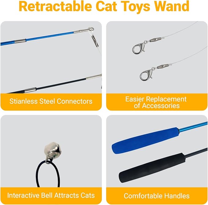 Interactive Cat Wand Toy Set, 11 PCS Retractable Wand Toys for Indoor Cats, Refills Attachment - Feather Toys, Plush Birds，Mice, Insects, and Swallows for Play Chase Exercise