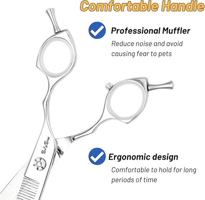 7.5in Curved Thinner Dog Grooming Scissors, 56 Teeth Professional Dog Cutting Scissors, 25 Degree Bend High-end Shears for Pet Groomers or Family Use, with Symmetric Handle, Thinning Rate 25%, Silver