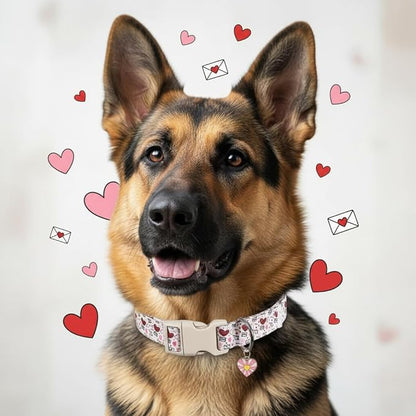Valentine Dog Collar, Dog Collar Soft Valentine's Day Heart Design for Large Dogs, Durable Soft Fabric Pet Collar, L