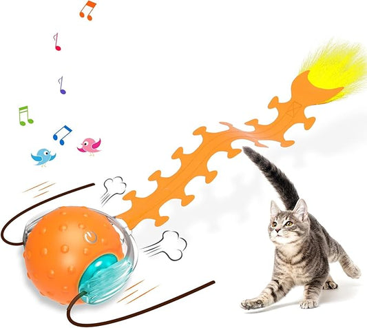 Waaiio Cat Toys Interactive Ball with Bird Chirping Centipede Tail,Automatic Fast Rolling Cat Ball,Touch Activated Rechargeable Toys for Bored Indoor Adult Cats