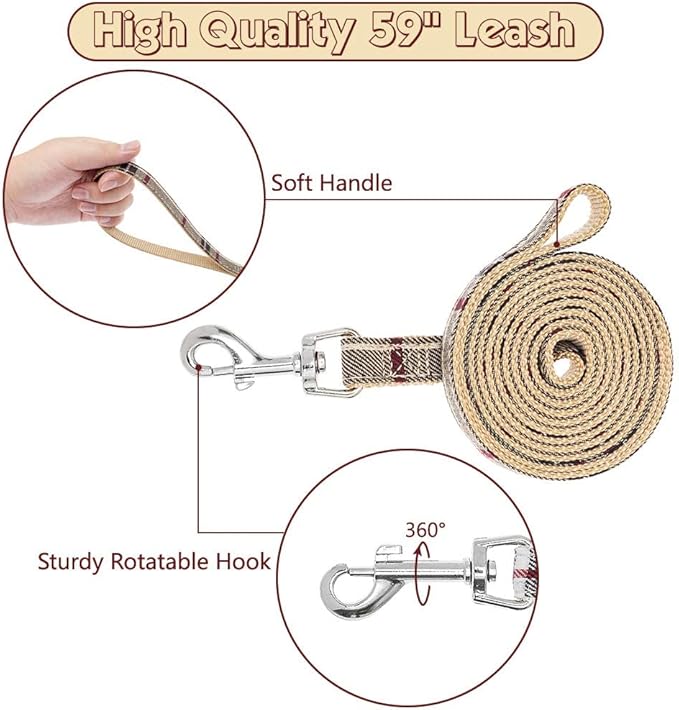 BINGPET Dog Harness Collar Leash Set,Adjustable No Pull Escape Proof Small Dog Harness,Classic Plaid Puppy Harness and Leash Set for Small Medium Large Dogs Training Easy Walk Running(Beige,L)