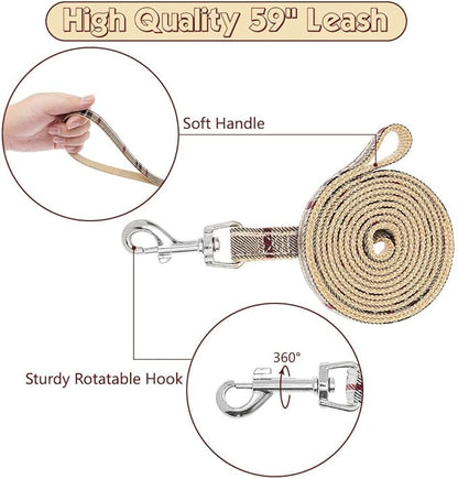 BINGPET Dog Harness Collar Leash Set,Adjustable No Pull Escape Proof Small Dog Harness,Classic Plaid Puppy Harness and Leash Set for Small Medium Large Dogs Training Easy Walk Running(Beige,L)