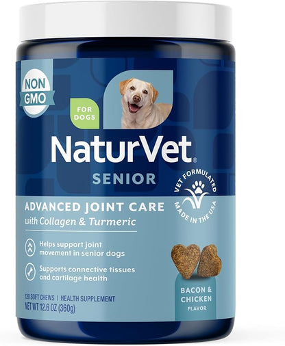 NaturVet Senior Advanced Joint Health Dog Supplement – Includes Glucosamine, MSM, Chondroitin, Collagen – Helps Supports Canine Joint Health Function – 120 Ct. Soft Chews
