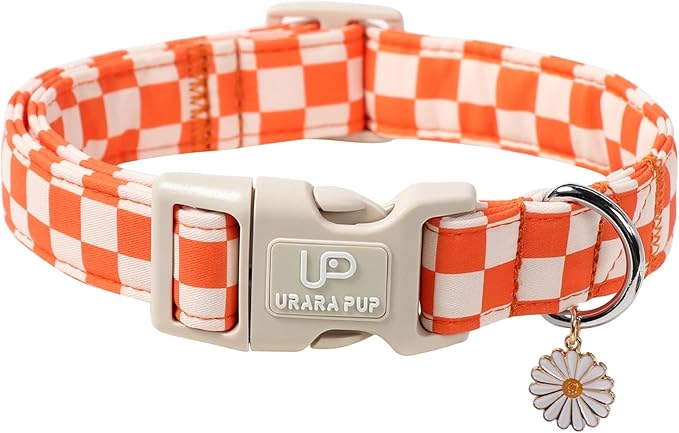 UP URARA PUP Gingham Fall Dog Collar – Adjustable Orange Picnic Checkered Dog Collar with Daisy Pendant, Classic Autumn Dogs Collars for Girl Boy Dogs