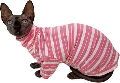 Vintage Stripes Sphynx Hairless Cats Shirt Cotton Cat Turtleneck Pet Clothes Kitten T-Shirts with Sleeves for Sphynx Cats (Sakura, Medium)