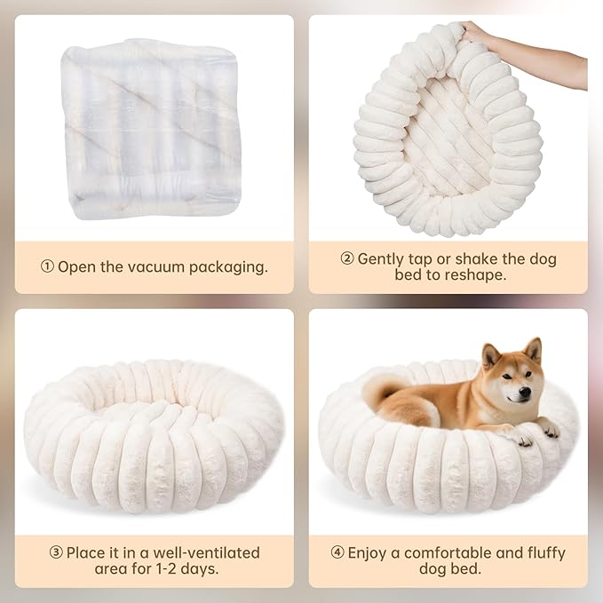 Warming Faux Rabbit Fur Pet Beds – Luxurious Donut Dog & Cat Bed, Anti-Anxiety Calming Cuddler Bed for Small Medim Dogs, Washable Round Puppy Kitten Beds, Non-Slip Bottom(31x31x8, White)