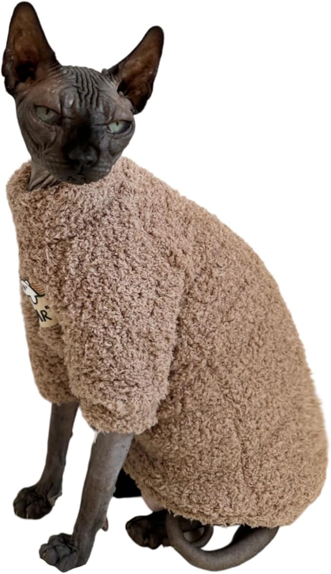 Sphynx Cat Clothes Hairless Cat Super Soft Warm Fleece T Shirt Elastic Winter Sweater Outfit, Pet Clothes for Sphynx Cat Coat for Cats and Small Dogs Apparel (Brown, Medium)