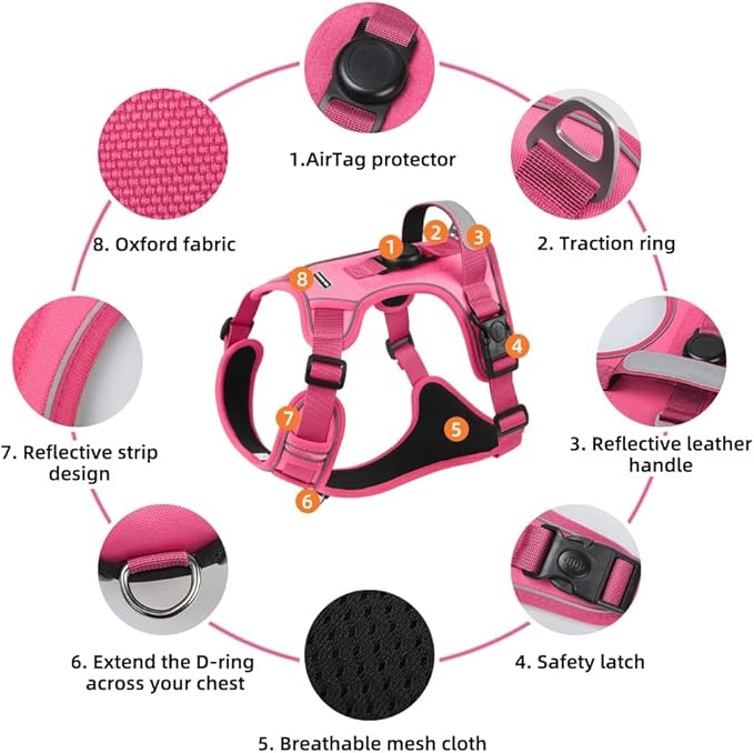 Airtag Dog Harness Chest Plate Reflective No Pull Harness with Leash for Extra Large Dogs (Fuchsia, XL)
