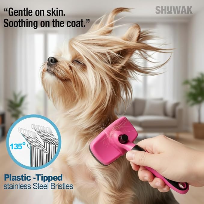 Grooming Duo, 2-in-1 Pet Brush Set with Retractable Self-Cleaning Brush and Silicone Bath Brush for Dogs and Cats (PINK)