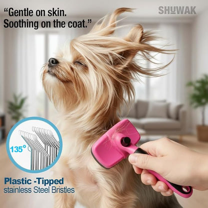 Grooming Duo, 2-in-1 Pet Brush Set with Retractable Self-Cleaning Brush and Silicone Bath Brush for Dogs and Cats (PINK)