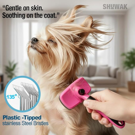 Grooming Duo, 2-in-1 Pet Brush Set with Retractable Self-Cleaning Brush and Silicone Bath Brush for Dogs and Cats (PINK)