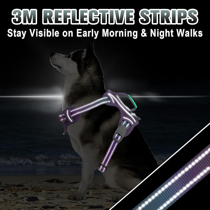BARKBAY No Pull Dog Harness Large Reflective Dog Harness with Front Clip and Easy Control Handle for Walking Training Running with ID tag Pocket(Lavender Sky,L)