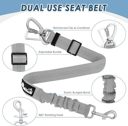 SlowTon Dog Seatbelt, 2 Pack Dog Seat Belt Car Leash Adjustable Elastic Bungee Buffer Heavy Duty Nylon Reflective Pet Safety Tether Connect to Dog Harness for Travel Riding in Vehicle (Daul Clip, GY)