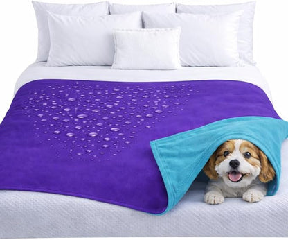 Premium Deluxe 100% Waterproof Blanket Guarantees to Keep Your Bed Dry! Crinkle-Free Ultra-Soft Fleece Furniture Protector for People Kids Pets. EZ Wash/Dry Purple/Blue Reversible 80x60