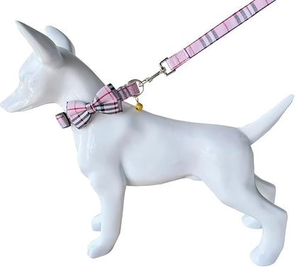Yizepet Dog Collar and Leash Set-Plaid Puppy Collar with Bow Tie - Adjustable pet Collar for Dogs with Bell, Stylish Pattern for Small Medium or Large Boy and Girl Dog