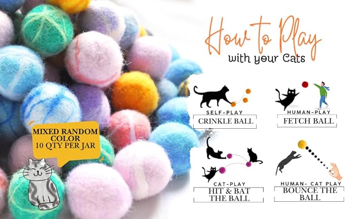 BALLMIE Felt Wool Cat Toys Ball with Catnip and Bell, Natural Handmade cat Toys Ferret Toys cat Gift Basket (Felt Wool Mixed in Jar)
