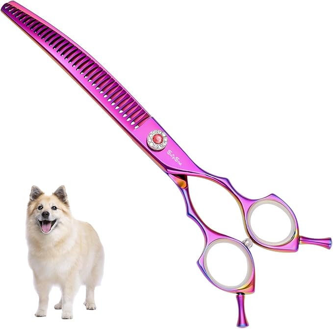 7.5in 25 Degree Curved Thinning Shears, VG10 Steel Sharp Dog Grooming Scissors Chunker, 35 Teeth Professional Pet Curved Blender, High-end Dog Trimming Scissors for Groomer or Home, 65% Thinning Rate