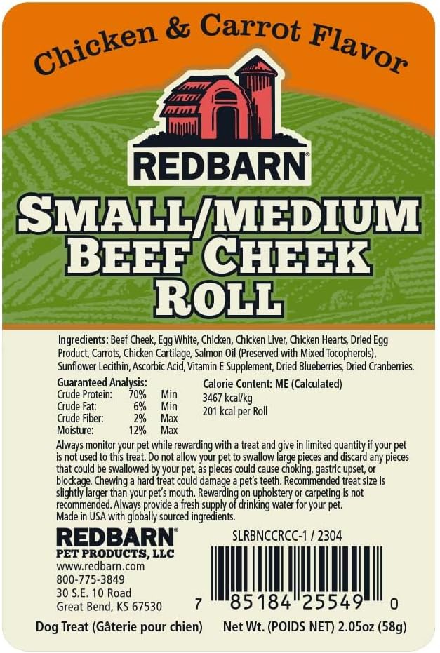 Redbarn Pet Products All-Natural Beef Cheek Rolls for Dogs, Grain-Free Cow Cheeks, Rich in Collagen, Available in Chicken & Carrot Glaze or Uncoated Chicken & Carrot, Small/Medium (Pack of 25)