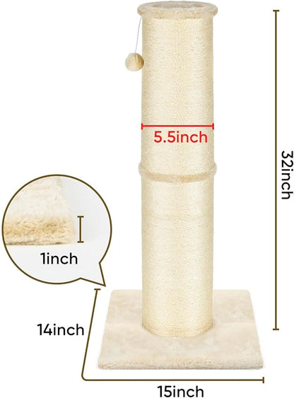PAWSCRAT Cat Scratching Post 32 Inch High, 5.5 Inch Large Diameter Natural Sisal Cat Scratch Post, Scratch-Resistant and Durable Tall Cat Scratcher for Indoor Cats, Protect Your Furniture, Beige