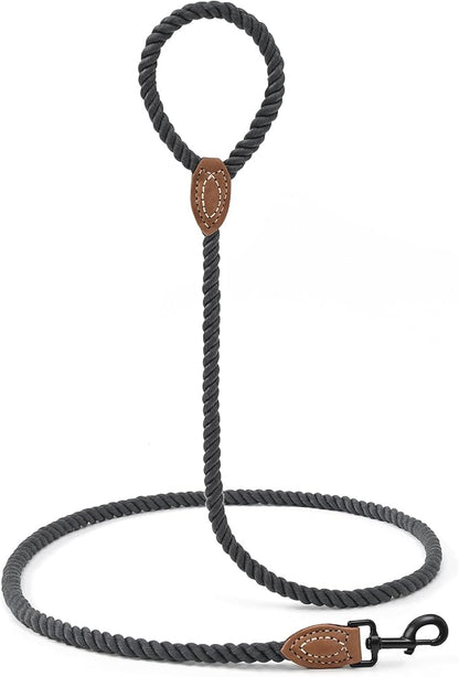 Mile High Life Dog Leash, Braided Cotton Rope Leashes with Leather Tailor Tip with Leather Tip - Heavy Duty Metal Clasp, 5FT, 1/2" Thick - Wedding, Walking for Medium Large Dogs(Dark Gray)
