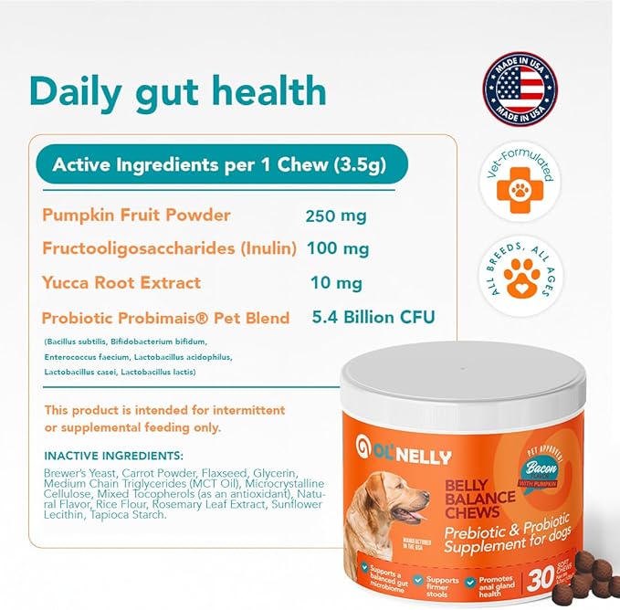 Ol'Nelly Pre & Probiotics for Dogs- 30 Soft Chews (Bacon) - Daily Dog Probiotics for Digestive & Gut Health - Diarrhea, Gas & Constipation Relief -All Ages and Breeds - Probioticos Perros Chewable