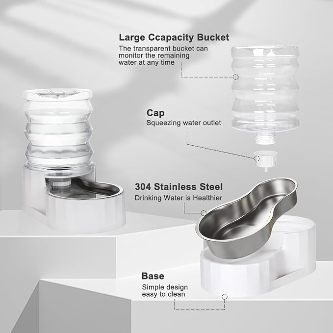 RIZZARI Gravity Water Bowl Dispenser: 4L White Stainless Steel Water Feeder Without Filter - Detachable Food-Grade Bowl -Spill-Proof - for Small Cats & Busy Multi-Pet Owners - Home Bedroom Garden