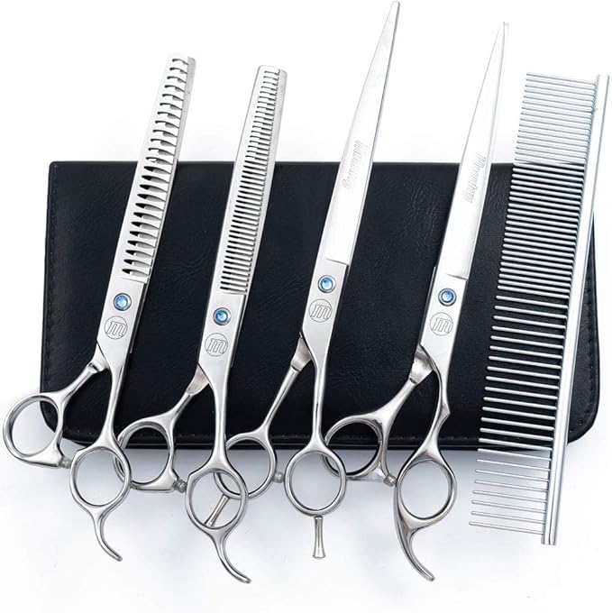 Professional Dog Scissors Set, 7 Inch/8 Inch Curved Chunkers & Thinning Shears with Grooming Comb