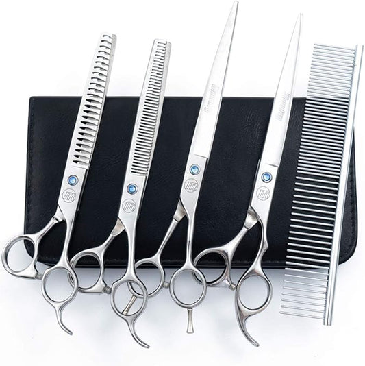 Professional Dog Scissors Set, 7 Inch/8 Inch Curved Chunkers & Thinning Shears with Grooming Comb