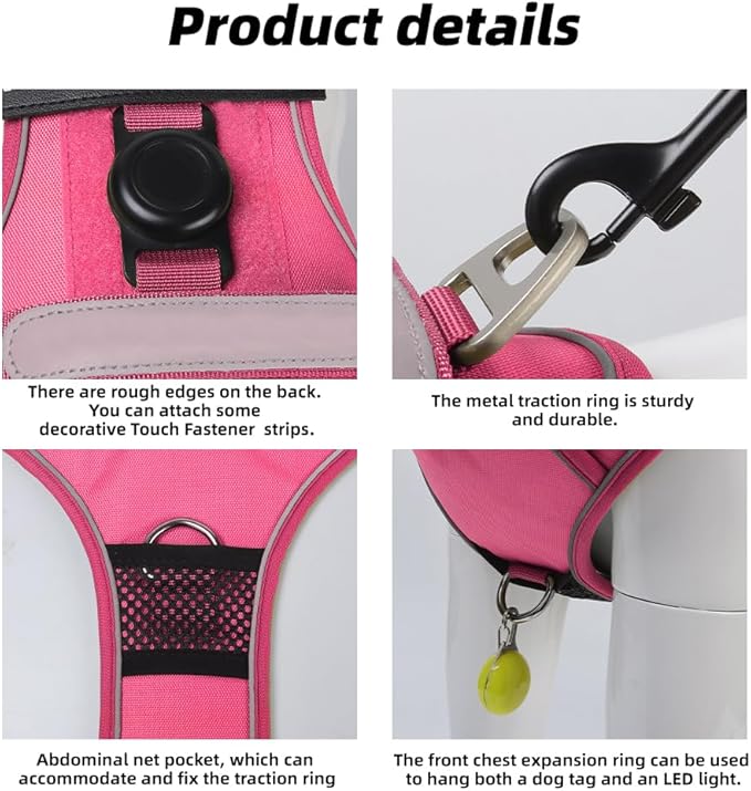 Airtag Dog Harness Chest Plate Reflective No Pull Harness with Leash for Extra Large Dogs (Fuchsia, M)