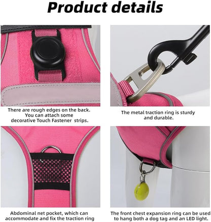 Airtag Dog Harness Chest Plate Reflective No Pull Harness with Leash for Extra Large Dogs (Fuchsia, M)