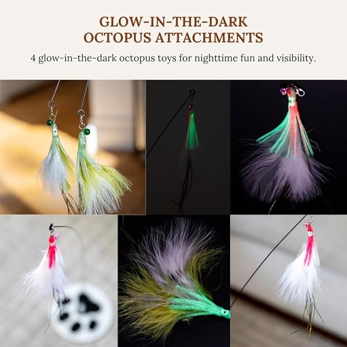 GADGETSOLOGY Cat Wand Toy with Round Base – Interactive Feather & Glow-in-The-Dark Octopus Attachments – Suction Cup Cat Toy for Indoor Cats & Kittens