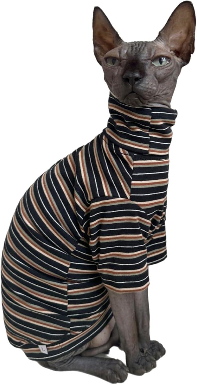 Vintage Stripes Sphynx Hairless Cats Shirt Cotton Cat Turtleneck Pet Clothes Kitten T-Shirts with Sleeves for Sphynx Cats (Vintage Black, Large)