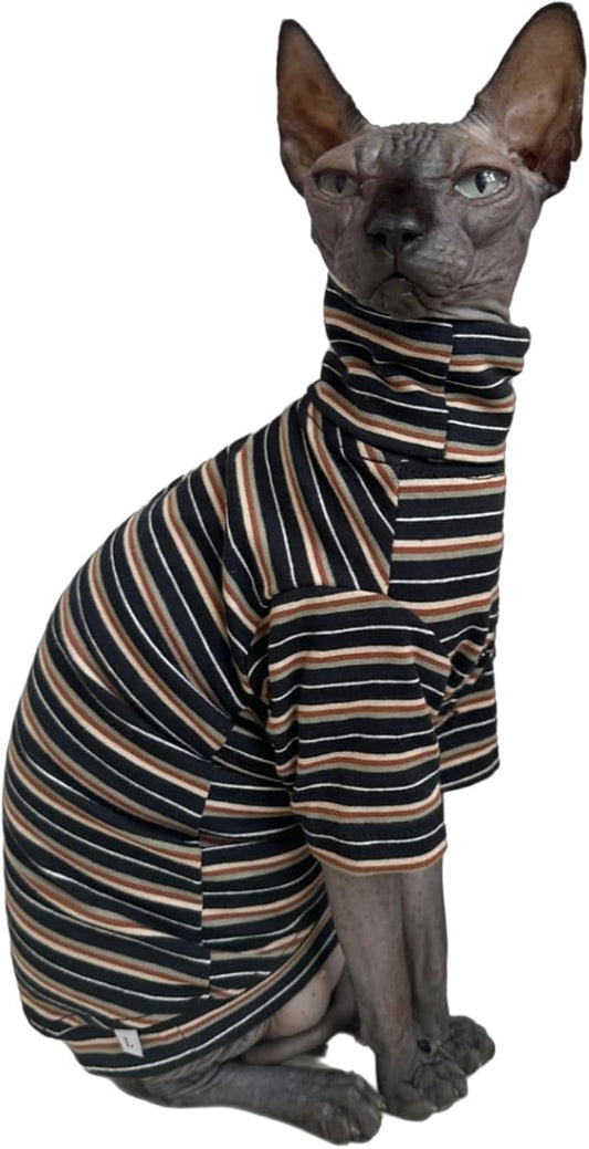 Vintage Stripes Sphynx Hairless Cats Shirt Cotton Cat Turtleneck Pet Clothes Kitten T-Shirts with Sleeves for Sphynx Cats (Vintage Black, X-Large)