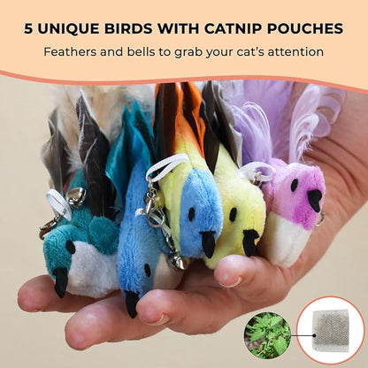 Whiskertons Interactive Bird Simulation Cat Toy Set, Interactive Cat Toys for Indoor Cats, Cat Feather Toy, Self-Holding Suction Cup, 5 Catnip Birds, Feathers, Bells (Catnip Hybrid Bundle)