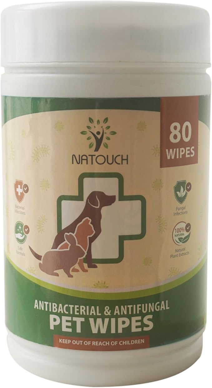 Natouch Antifungal and Antibacterial Wipes for Dogs & Cats, Dog Yeast Infection Treatment Wipes, All Natural Grooming Wipes for Cleaning, Help with Hot Spots, Ringworm, and Skin Infections, 80 Count