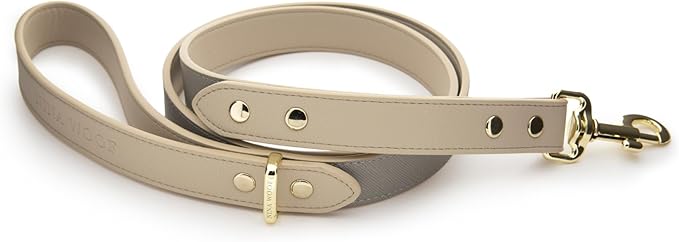 Nina Woof London Vegan Leather Dog Lead (4ft) Padded Luxury - Large & Medium Dogs, Ideal Long Leash (Grey Over Beige)