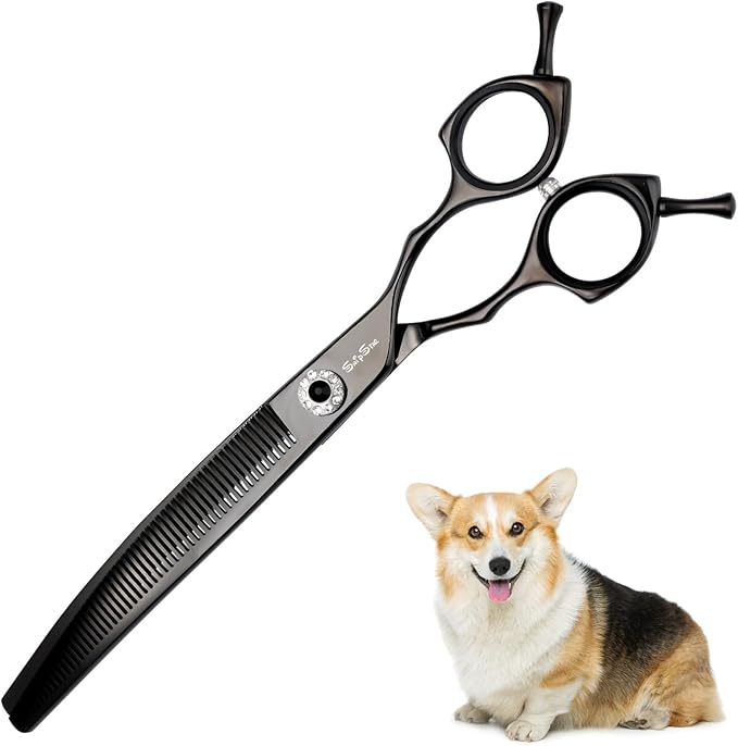 7.5inch Curved Thinner Dog Grooming Scissors, 56 Teeth Professional Dog Cutting Scissors, 25 Degree Bend High-end Shears for Pet Groomers or Family Use, with Symmetric Handle, Thinning Rate 25%, Black
