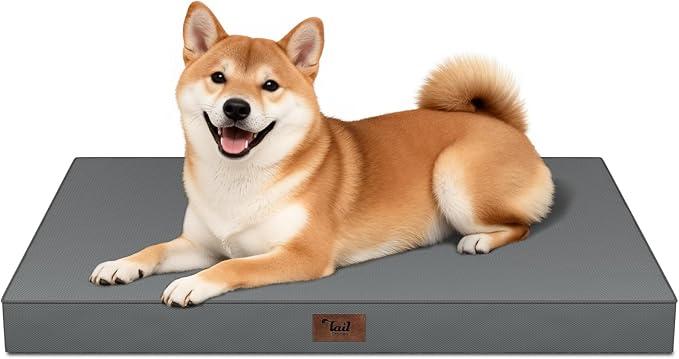 Tail Stories Outdoor Dog Bed for Medium Dogs, Waterproof Dog Crate Mat Orthopedic Egg Crate Foam Pet Bed with Washable Removable Oxford Cover, Grey