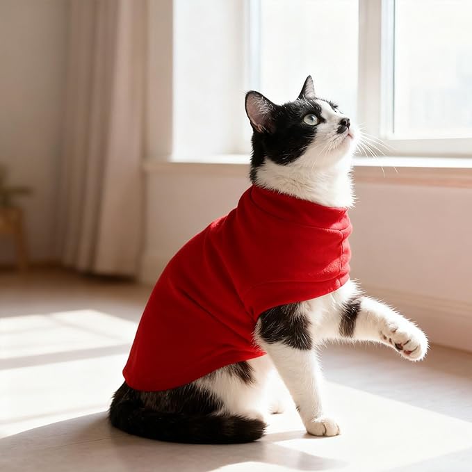 EXPAWLORER Soft Cat Sweater - Sweaters for Cats Only Warm Kitten Clothes, Fall and Winter Pet Coat Pullover Design, Fleece Sweatshirt Clothing Also for Puppy Small Dogs, Bright Red M