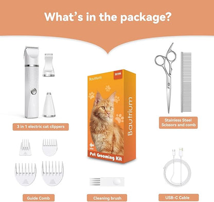 Bautrium Cat Grooming Clippers Kit with Paw Trimmer, 3 in 1 Electric Pet Hair Trimmer Supplies for Thick Matted Hair, Heavy Coat Butt Shaver Cat Razor Fur Trimmer for Dogs at Home (White)