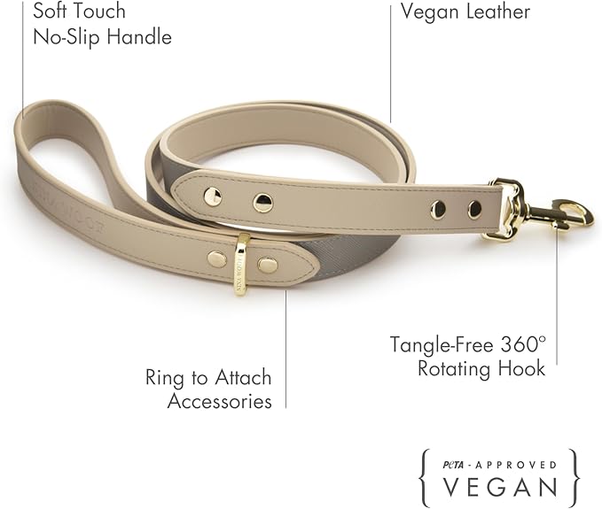 Nina Woof London Vegan Leather Dog Lead (4ft) Padded Luxury - Large & Medium Dogs, Ideal Long Leash (Grey Over Beige)