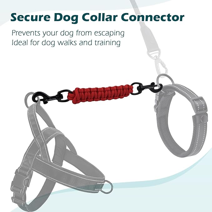 PetBonus Dog Collar Safety Clip, Handmade Backup Safety Strap for Dog Harness, Prong, Pinch Collar, Double Ended Clasp Leash Connector (Red)
